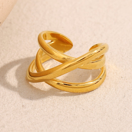 Vintage-Inspired Geometric Stainless Steel Ring with 18K Gold Plating for Women