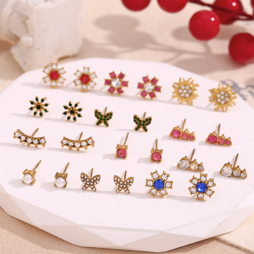 Fashionable Minimalist Geometric Round Floral Micro-Paved Stainless Steel Earrings with 18K Gold Plating for Women