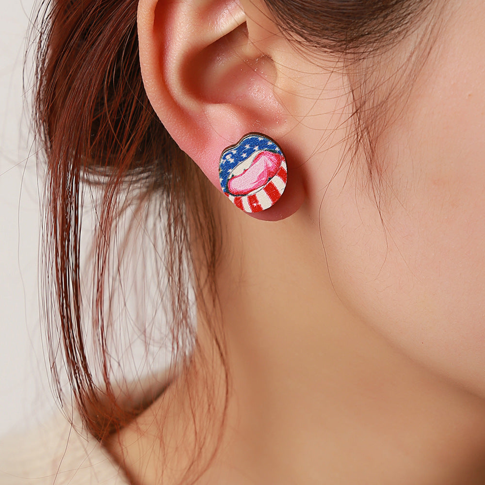 Round Heart Star Geometric Wood Stud Earrings with Stainless Steel Posts