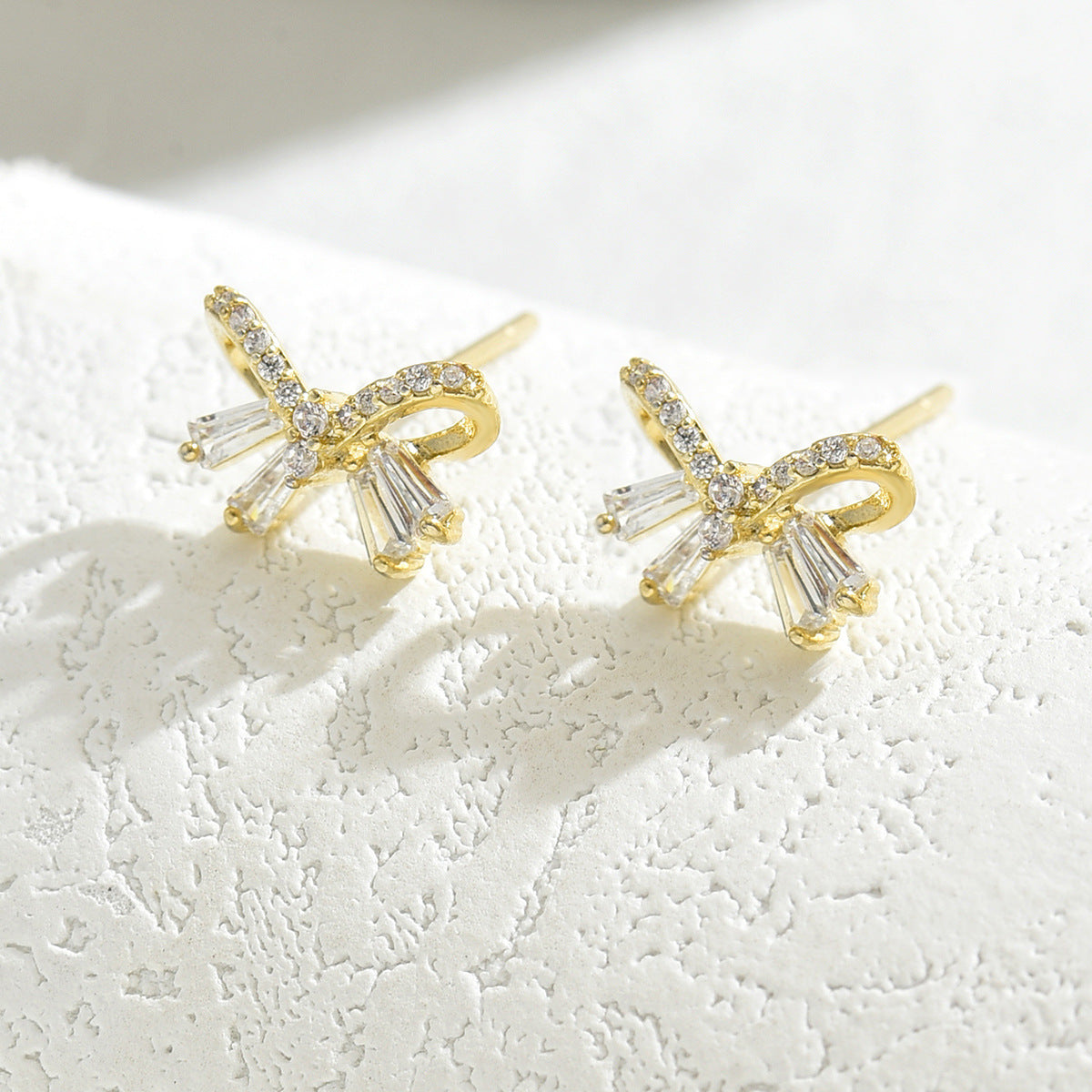 Forest Style Bow Knot Shaped Copper Earrings with Zircon Inlay for Women