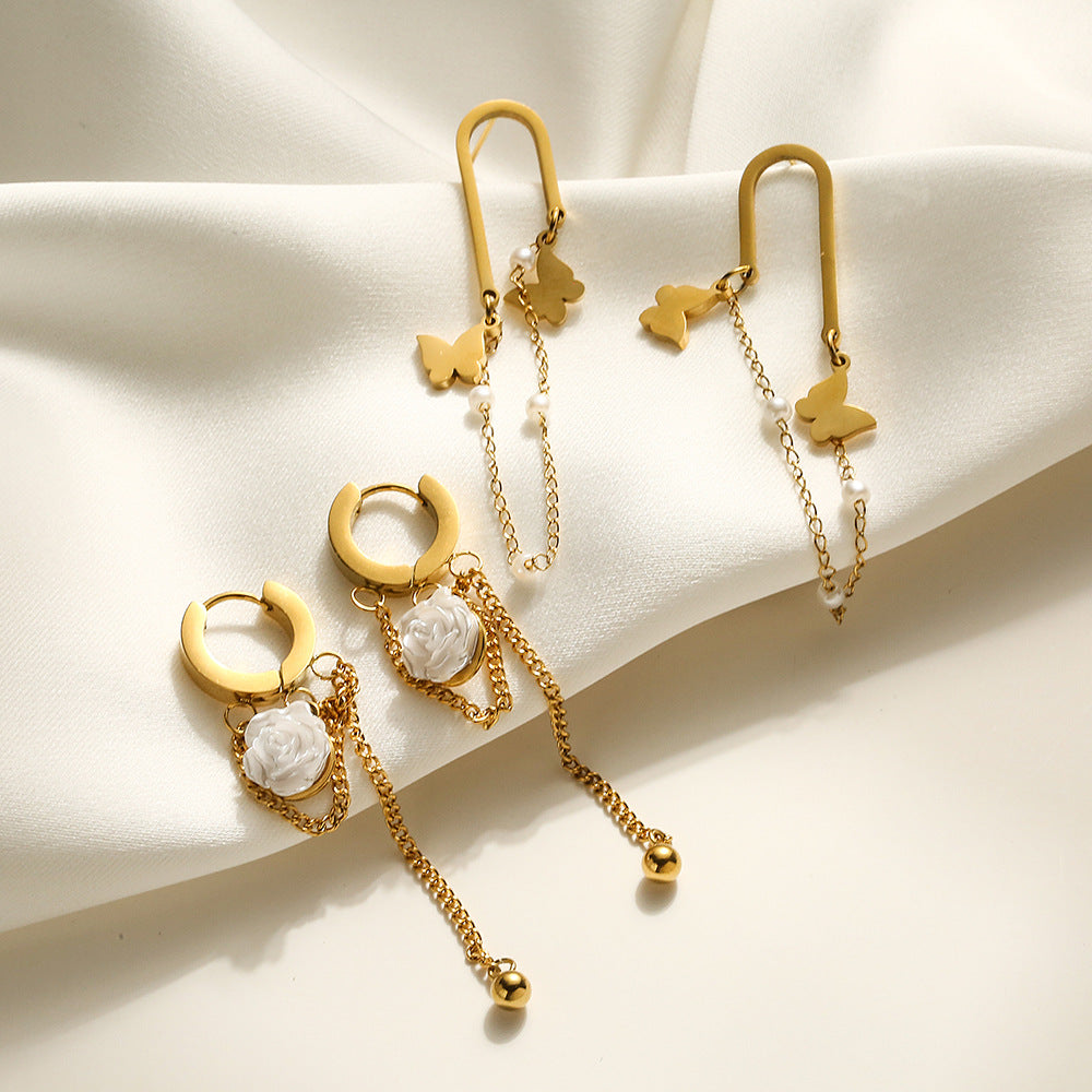 Minimalist Titanium Steel Butterfly and Floral Tassel Long Chain Earrings with Plated Finish