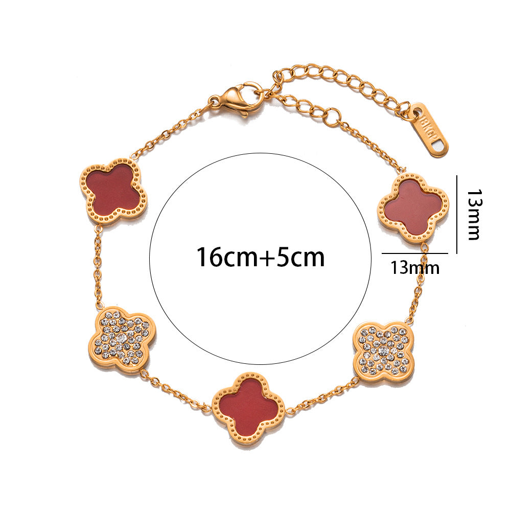 Fashion 18K Rose Gold Plated Titanium Steel Four-Leaf Clover Rhinestone Bracelet for Women