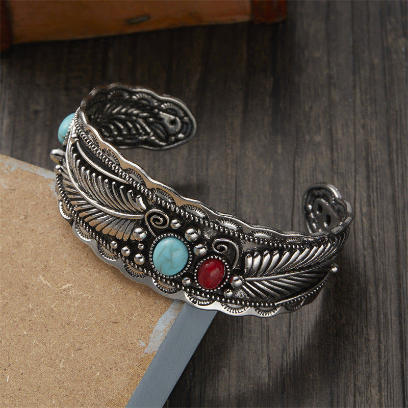 Bracciale vintage da donna con intarsi in turchese a forma di foglia, in lega placcata, stile etnico