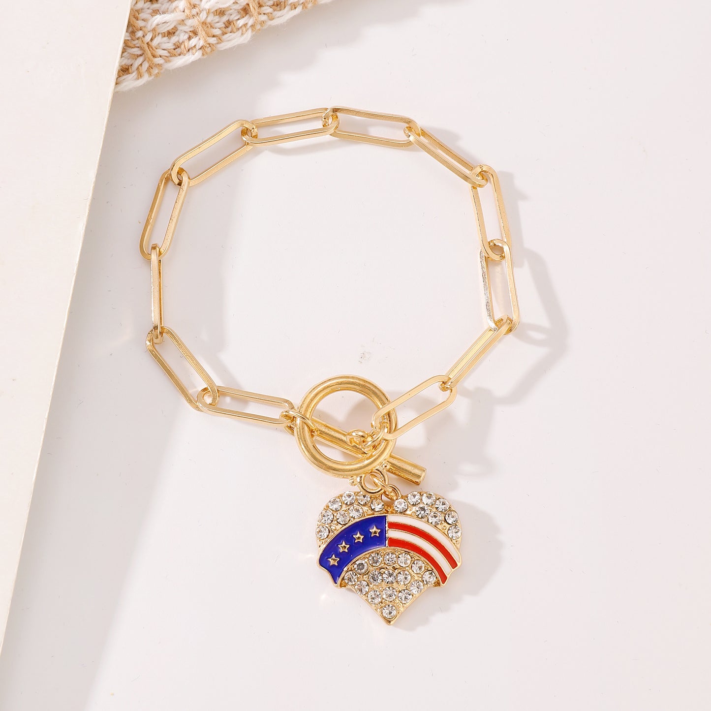 Patriotic Resin Beaded Bracelet Set with Heart Star Letter Charms and Rhinestone Accents