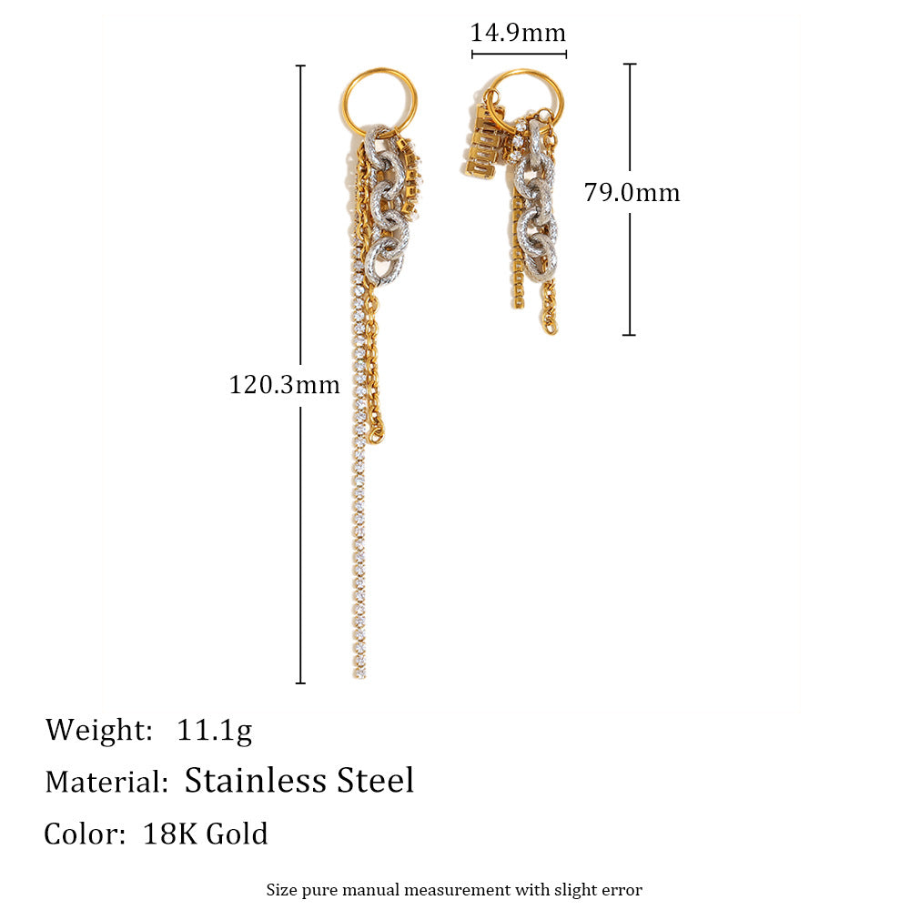 Orecchini a perno da donna a catena pendente vuota, in acciaio inossidabile con placcatura in oro 18 carati e accento in zircone, geometrici d'ispirazione vintage