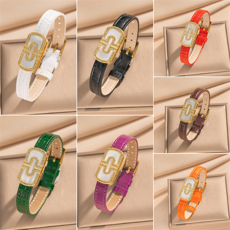 Minimalist Geometric Stainless Steel Buckle Genuine Leather Bracelet for Men and Women with Bamboo Grain Texture