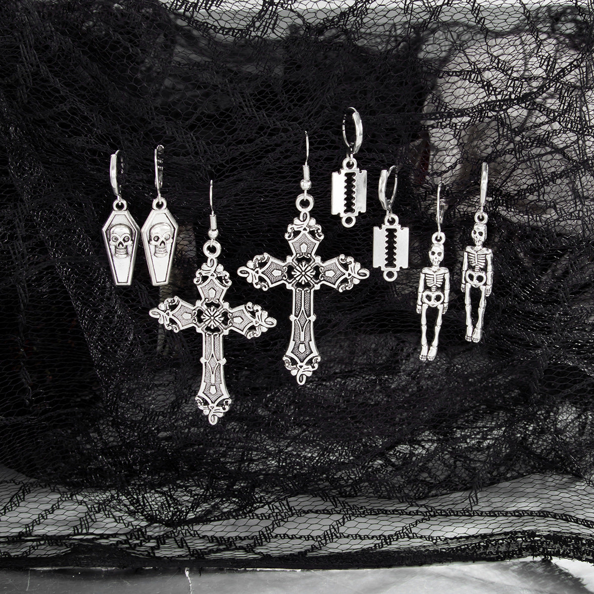 Gothic Alloy Plated Geometric Animal Skull Cross Spider Earrings for Women