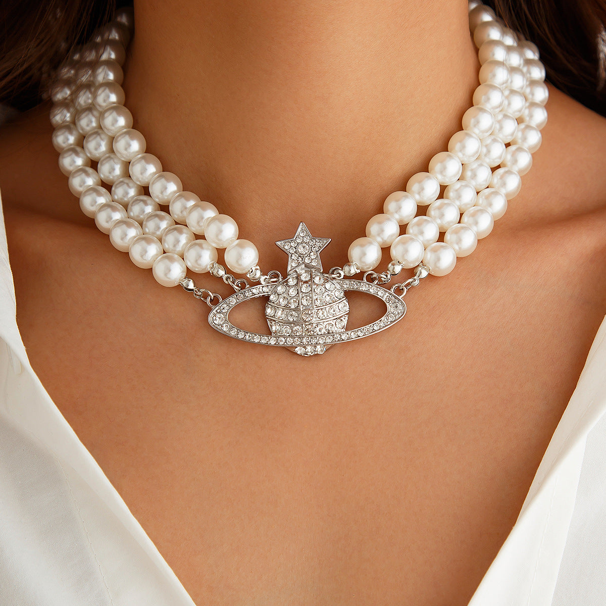 Minimalist Multi-Layer Star Rhinestone Alloy Pearl Necklace for Women