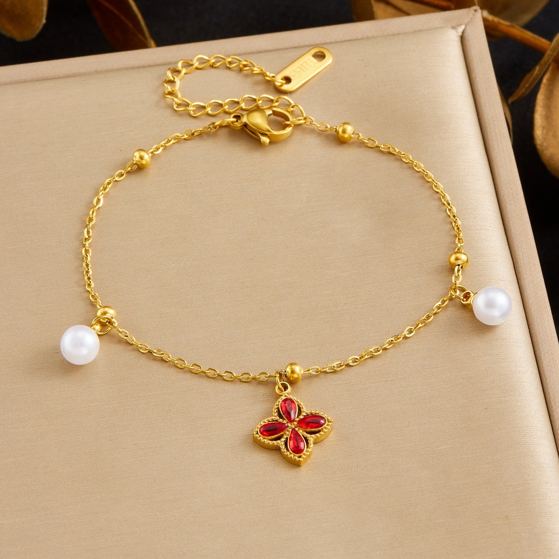 Elegant Business Gold Plated Stainless Steel Square Floral Rhinestone and Imitation Pearl Bracelet