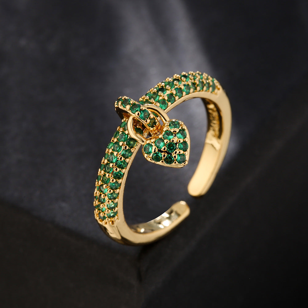 Anello aperto da donna placcato oro 18 carati con micro-pavé di zirconi a forma di cuore, stile retrò alla moda