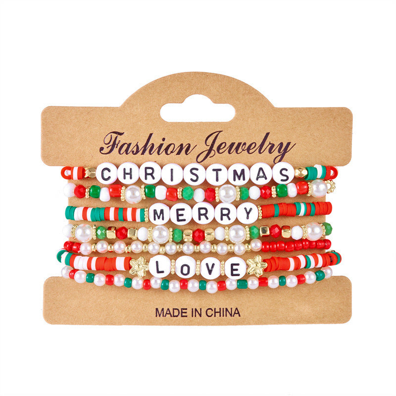 Handmade Polymer Clay Christmas Bracelet Set with Alphabet and Tree Beads Alloy Chain for Women Festive Holiday Gift
