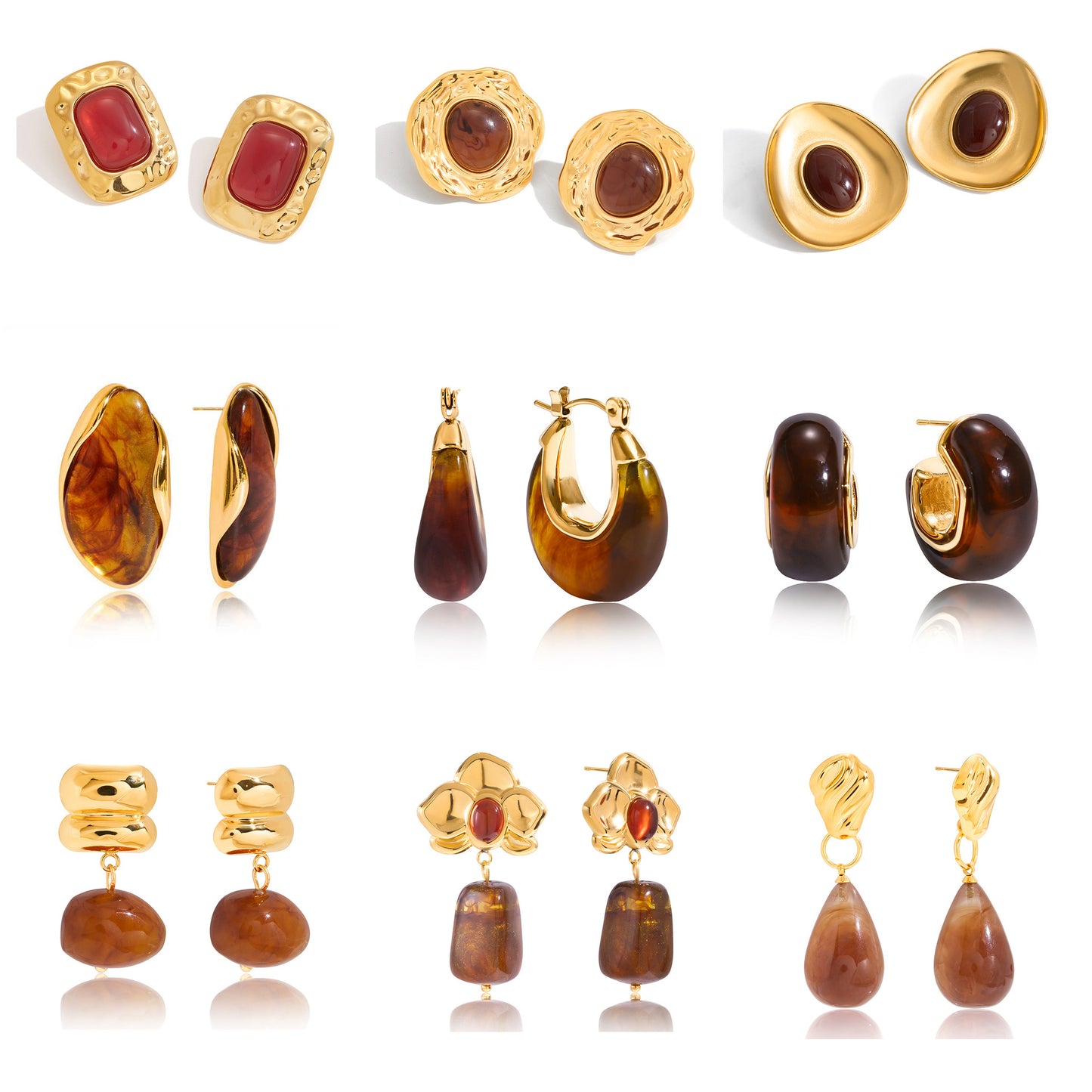 Pendientes minimalistas de acero inoxidable geométricos con incrustaciones de resina ámbar y acabado chapado para mujer