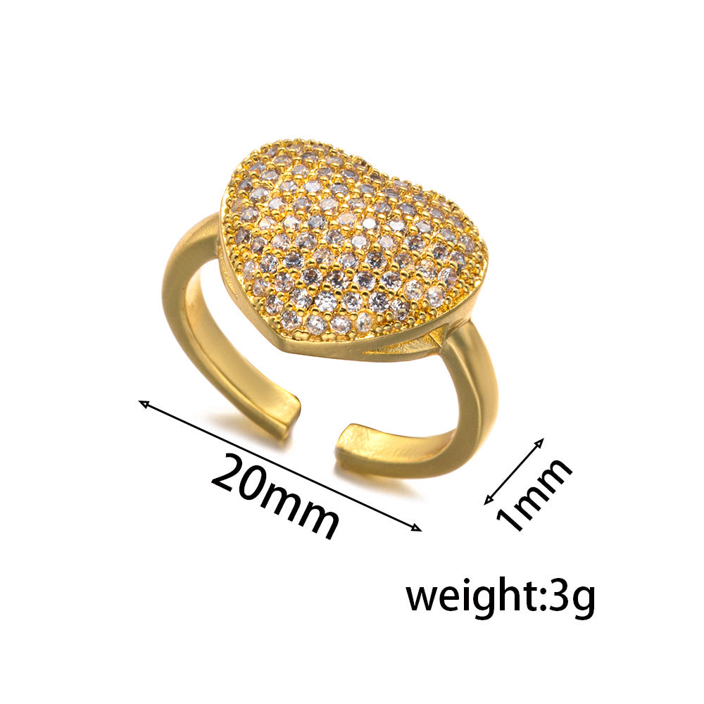 Luxury Minimalist Adjustable Open Ring for Women with Gold-Plated Copper Band and Zircon Stone Accent in Heart and Floral Shape