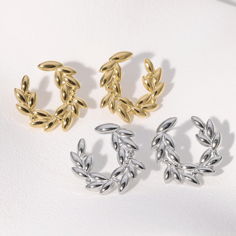 Minimalist Leaf and Wheat Ear Studs in Stainless Steel with Plated Finish for Women