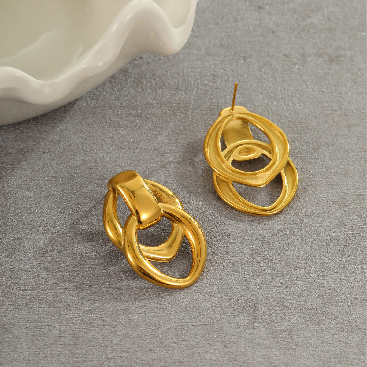 Orecchini a Cerchio Doppio Geometrici in Acciaio Inossidabile con Placcatura in Oro 18K da Donna, Gioielli Minimalisti per Orecchie Eleganti e da Ufficio