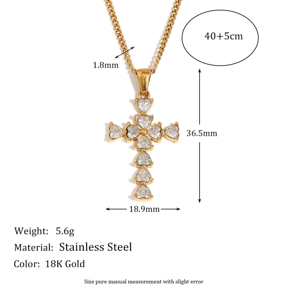 Elegante collar con colgante de cruz en forma de corazón en acero inoxidable con baño de oro de 18 quilates para mujer