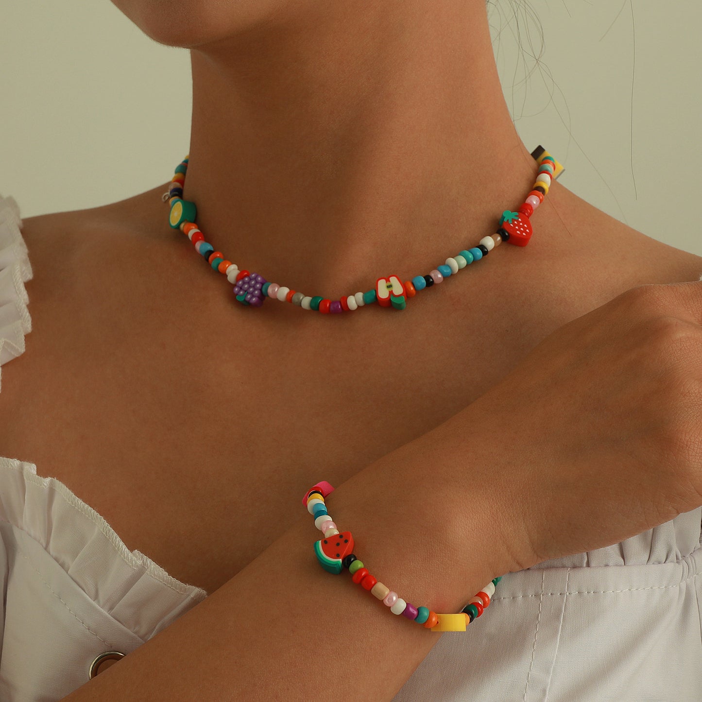 Sweet Fresh Fruit-Shaped Beaded Necklace and Bracelet Set for Women with Nylon Cord Chain