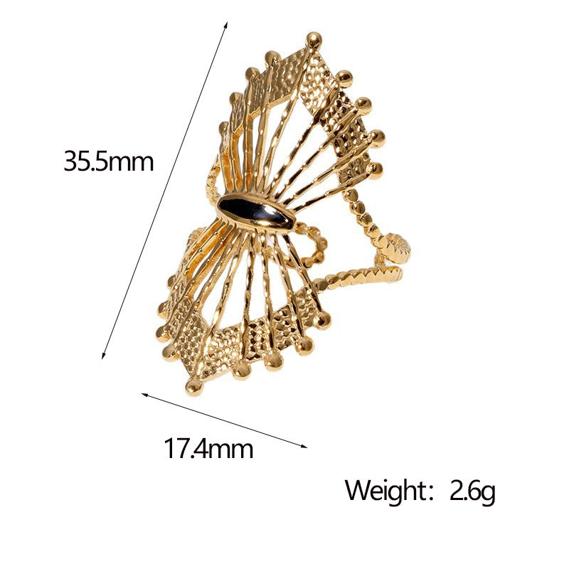 Vintage Geometric Fan-Shaped Hollow Stainless Steel Adjustable Open Ring for Women with Gold Plating