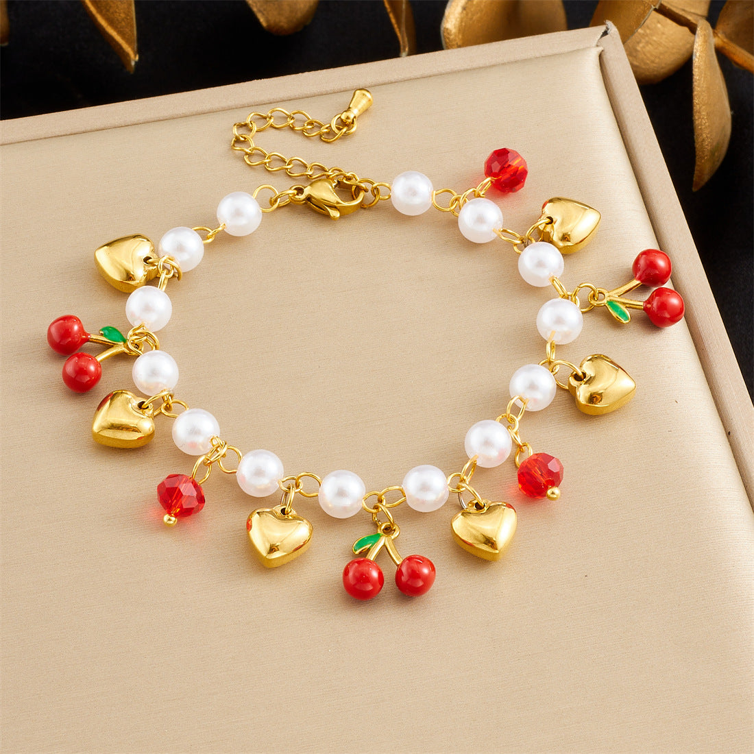 Sweet Gold Plated Drip Oil Fruit Pearl Bracelet with Strawberry Cherry Watermelon Charms