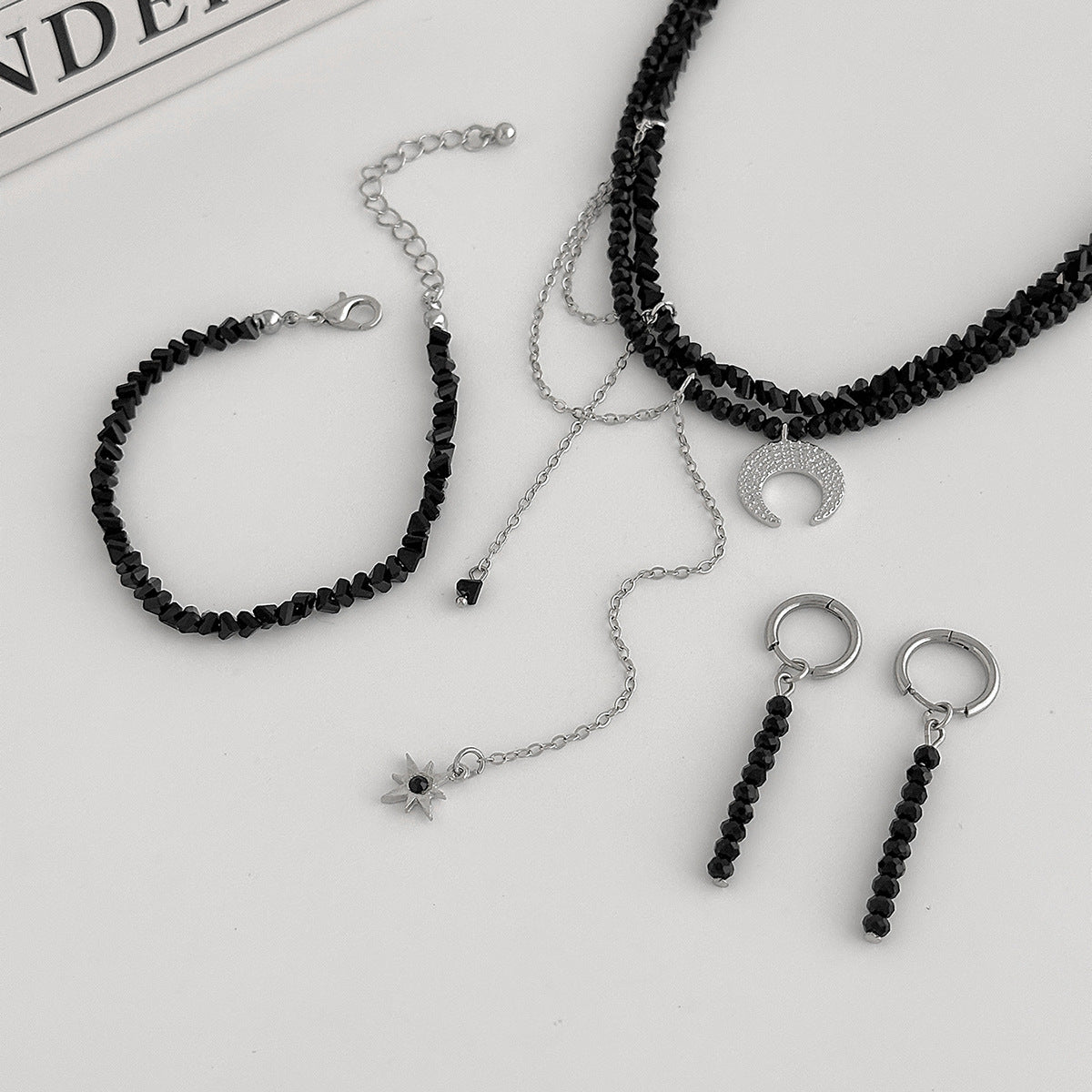 Punk Hip-hop Moon Pendant Alloy Necklace with Crystal Beads Plated Chain for Women