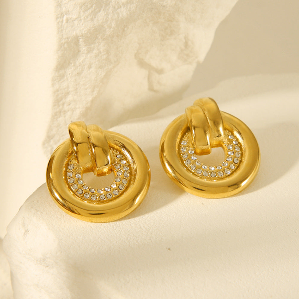 Ins Fashion Geometric Round 18K Gold Plated Stainless Steel Rhinestone Earrings for Women