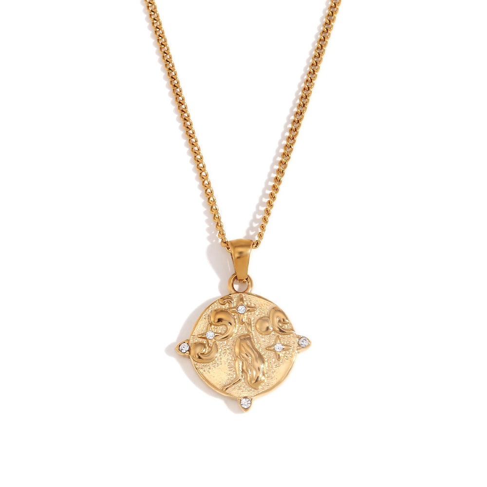 Vintage Minimalist Round Geometric Pendant Necklace in Stainless Steel with 18K Gold Plating for Women