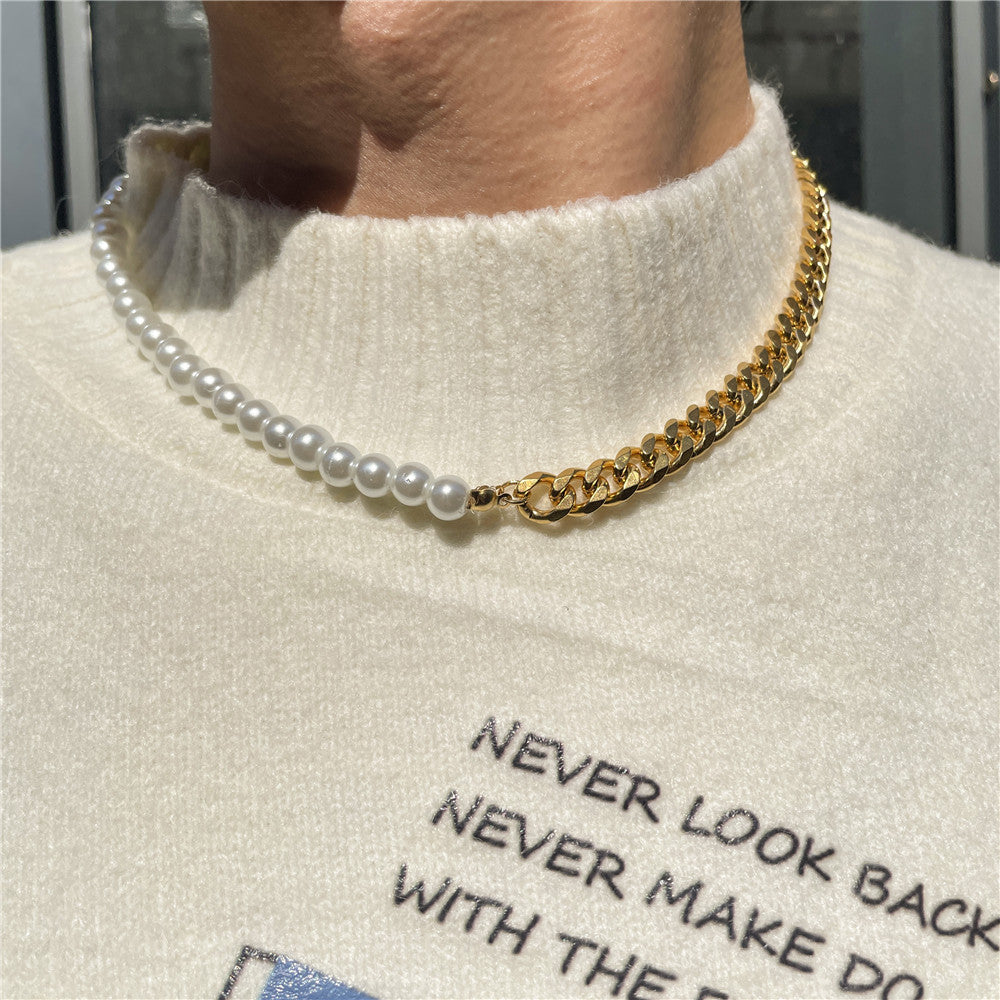 Geometric Titanium Steel Cuban Link Box Chain Necklace with Pearl Unisex