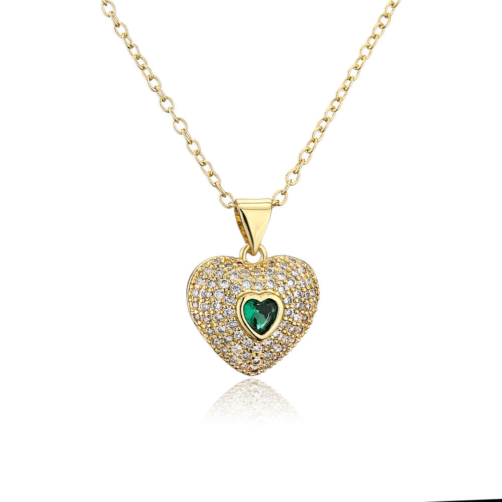 Gold Plated Brass Micro-Inlaid Cubic Zirconia Heart Geometric Pendant Necklace with Cable Chain