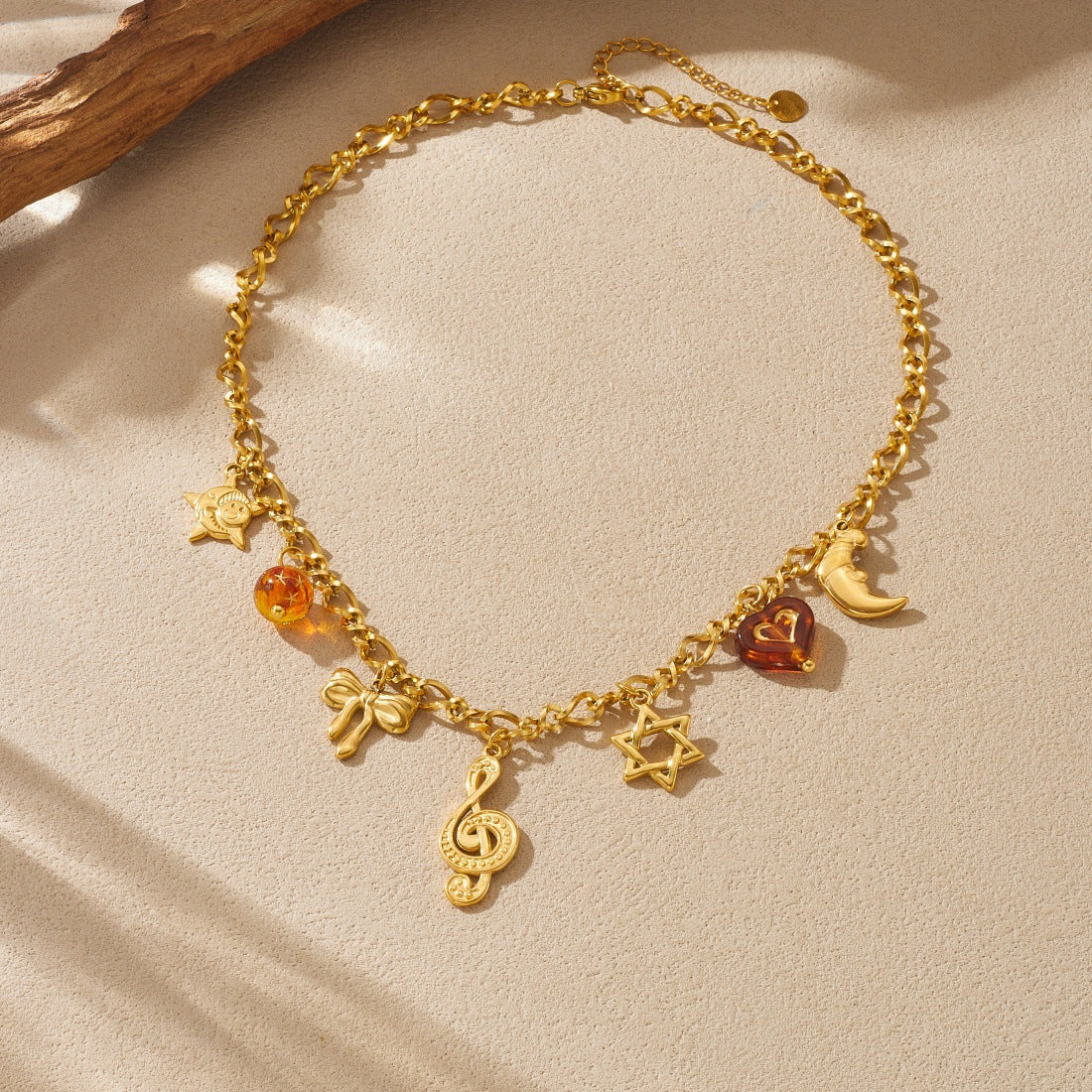 Vintage Gold Plated Stainless Steel Bow Star Moon Note Charm Bar Necklace for Women
