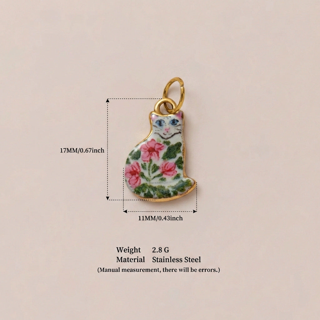 Cute Cat Ceramic Drip Oil Plated Stainless Steel Charm Bar Pendant