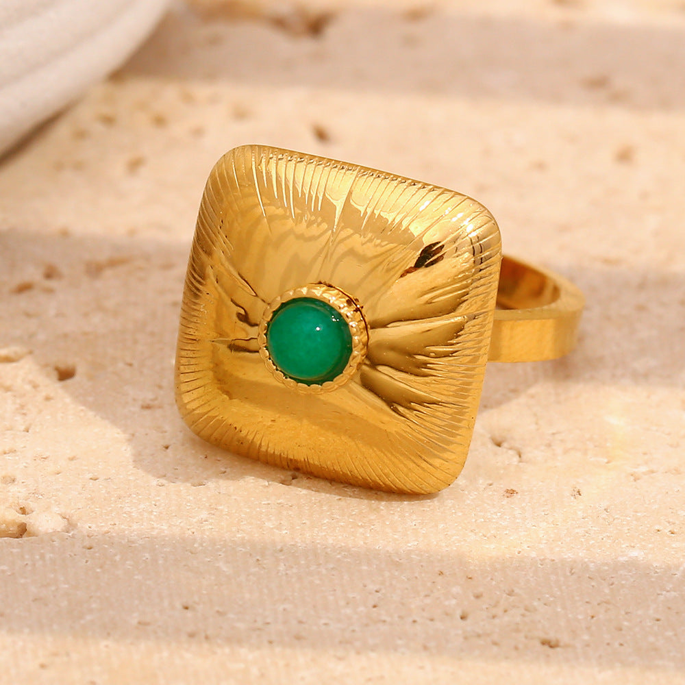 Vintage Geometric Stainless Steel Ring with 18K Gold Plating and Emerald Green Accent for Women