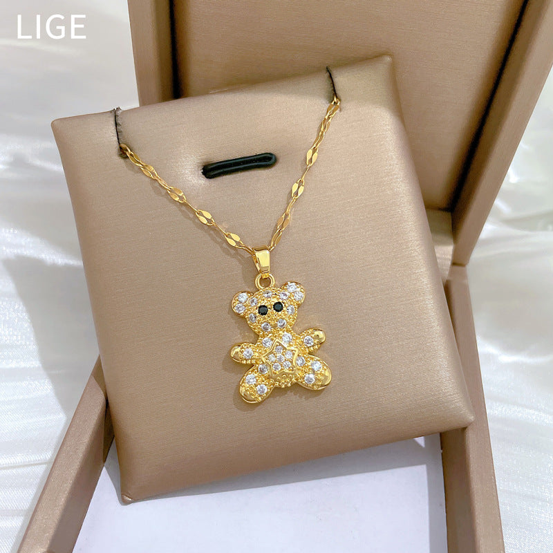 Collana con ciondolo a orsetto stellato minimalista per uomo e donna, catena a serpente in acciaio inossidabile con intarsio di strass e stile fresco e dolce