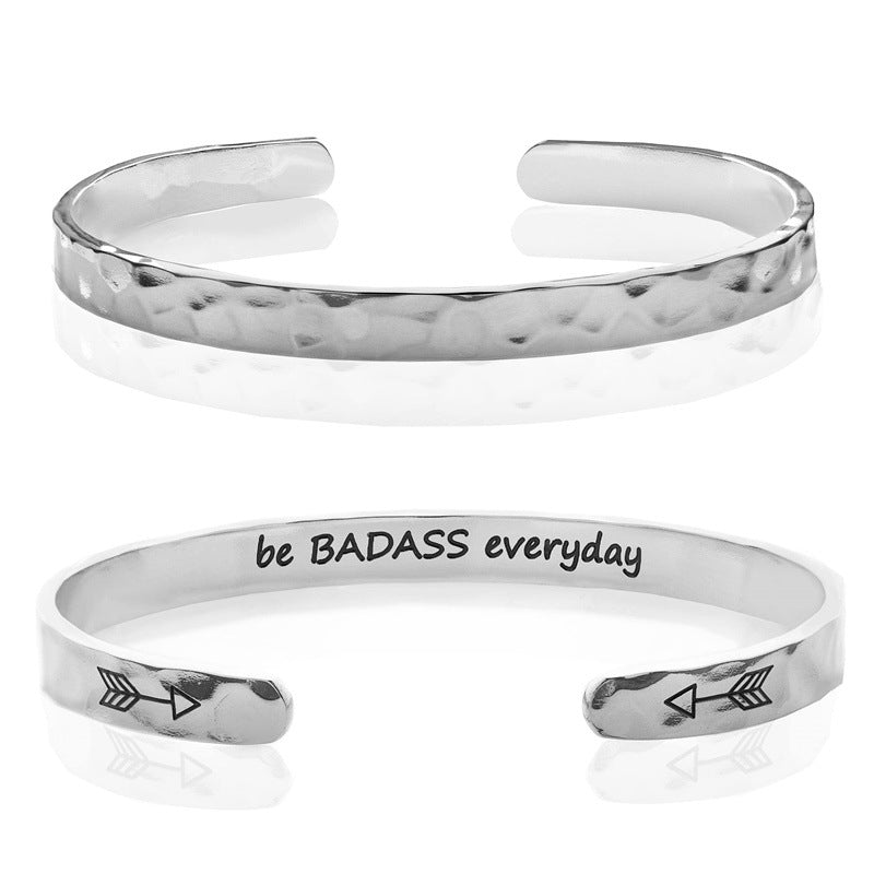 Minimalist Stainless Steel Engraved Open Moon Surface Textured Hammered Bracelet