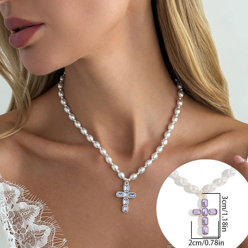 Luxury Rhinestone Inlaid Cross Pendant Zinc Alloy Imitation Pearl Double Layer Necklace for Women