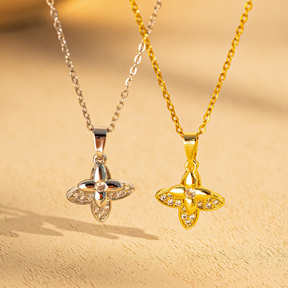Minimalist Geometric Four-Leaf Clover Pendant Necklace for Women in Titanium Steel with Gold Plating, Hypoallergenic Locket Chain