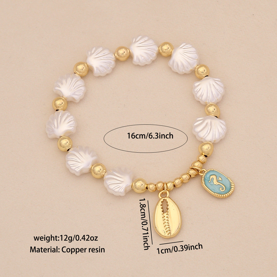 Braccialetto Artigianale Originale in Rame e Plastica con Perline Imitazione Perla, Stella Marina, Conchiglia, Tartaruga Placcato Oro 18K Gioielli da Donna