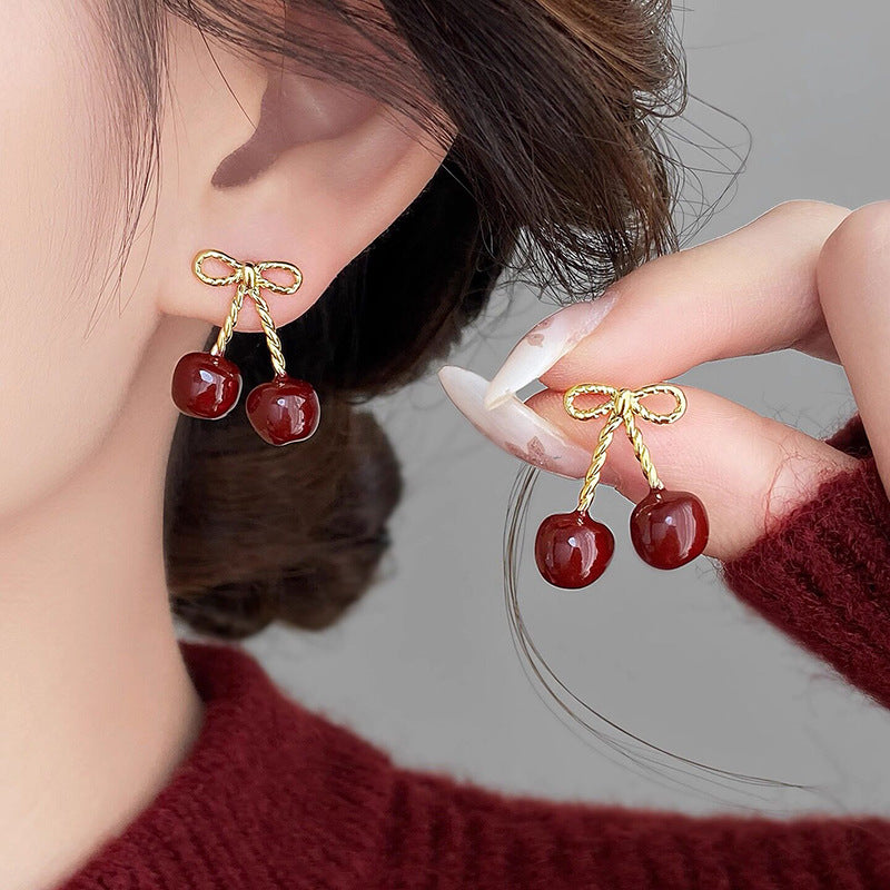 Cherry Bowknot Resin Stud Earrings with Steel Posts for Women, Minimalist Vintage Fashion Style