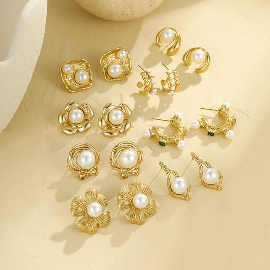 Fashionable Floral Design Stainless Steel 18K Gold Plated Stud Earrings with Wave and Geometric Shape for Women