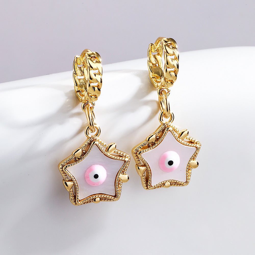 Minimalist Geometric Star Pendant Earrings with Enamel Eye Detail in Copper Plated 18K Gold for Women