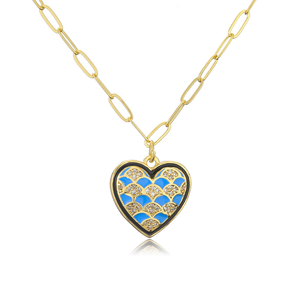 Retro Heart Pendant Necklace for Women with Copper Base Plated in 18K Gold and Enamel Finish, Set with Cubic Zirconia