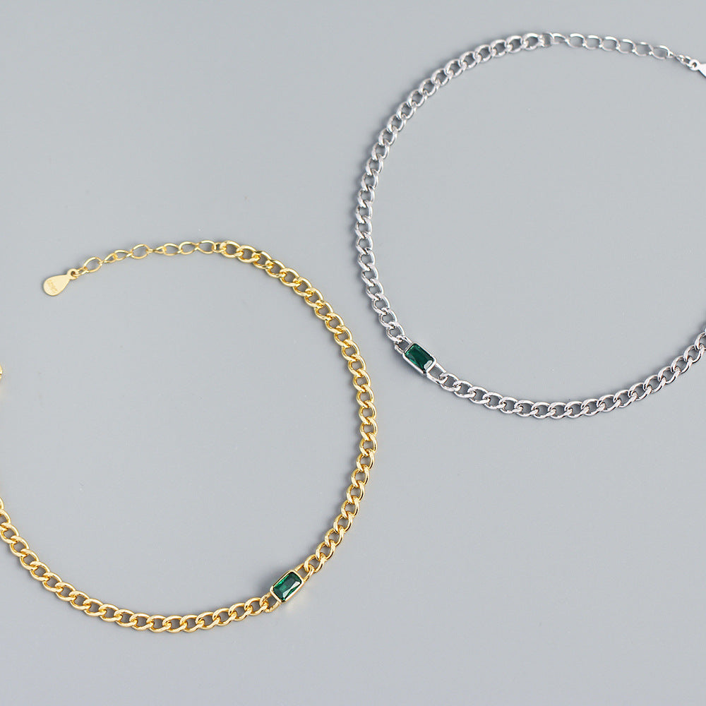 Bracciale a catena con maglie a cordolo in argento sterling 925 di lusso, elegante, geometrico, rettangolare, con intarsio di smeraldo da donna