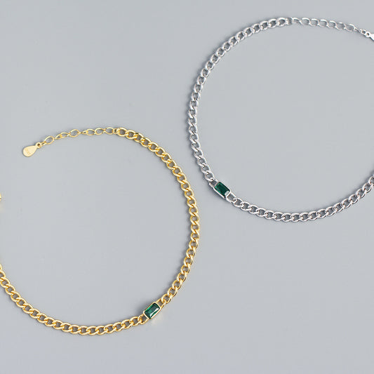 Luxury Elegant 925 Sterling Silver Geometric Rectangle Emerald Inlay Curb Chain Bracelet for Women