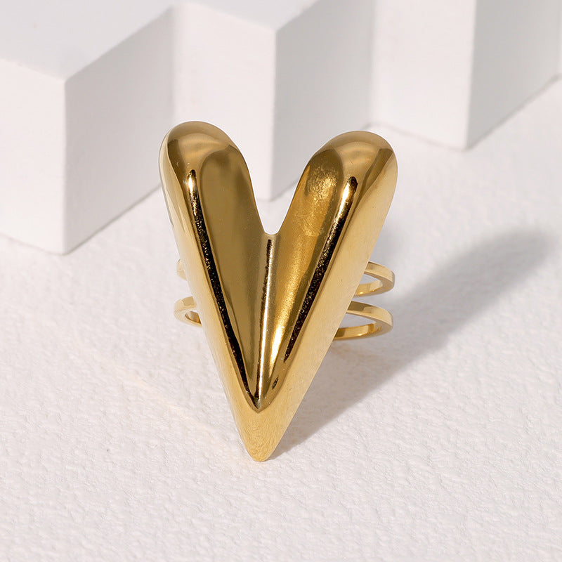 Anello aperto da donna in acciaio inossidabile a forma di cuore, tonalità fredda minimalista, con finitura placcata