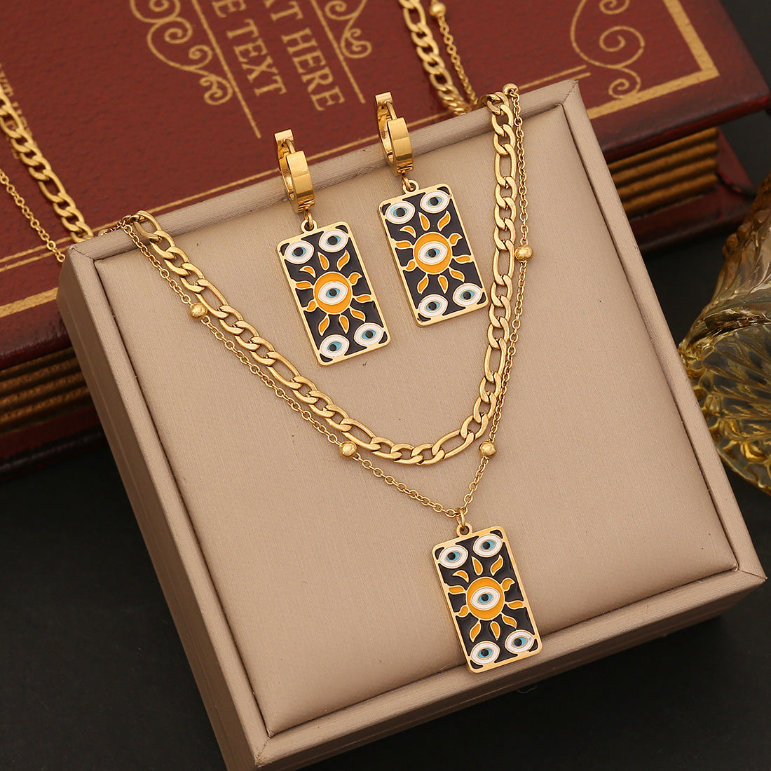 Minimalist Star and Moon Necklace with Enamel Eyes, Stainless Steel Double Layer O-Chain for Women