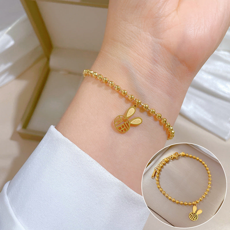 Vintage Korean-Inspired Titanium Steel Rabbit and Chinese Character Fu Pendant Bracelet for Women with Gold Plating and Wavy Texture