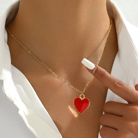 Fashionable OL Style Heart-Shaped Enamel Copper Pendant Necklace for Women with Geometric Design and Clavicle Chain