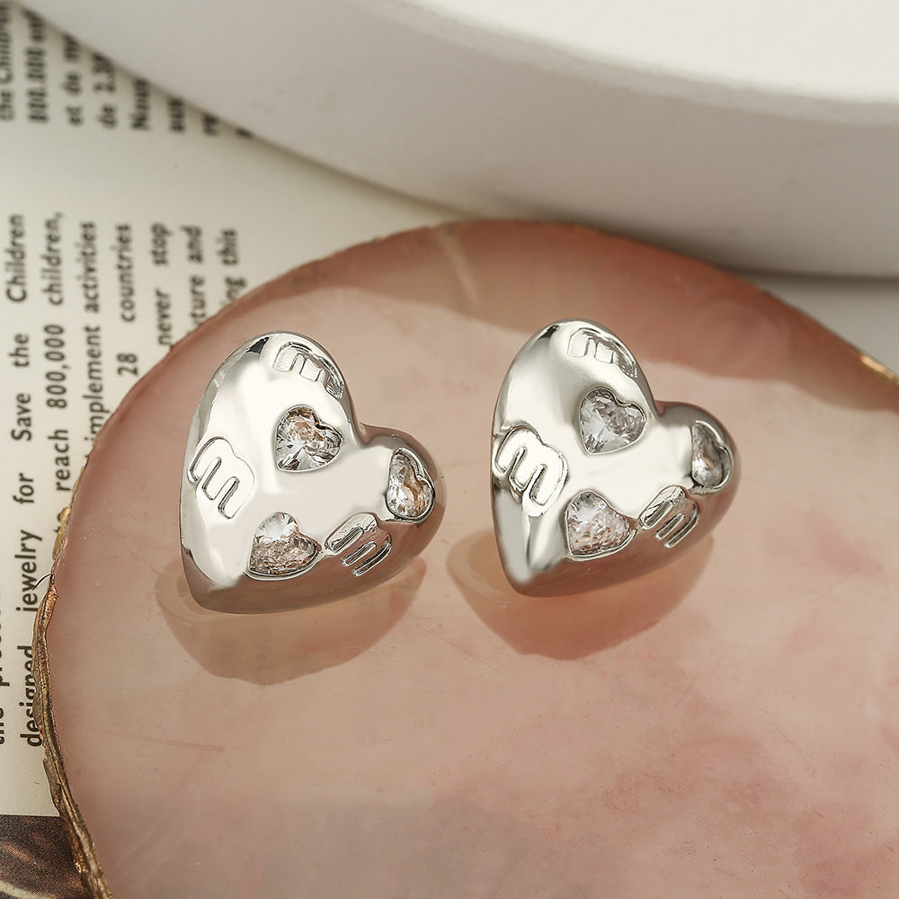 Fashionable Heart-Shaped Copper Earrings with Real Gold Plating and Zircon Inlay for Women