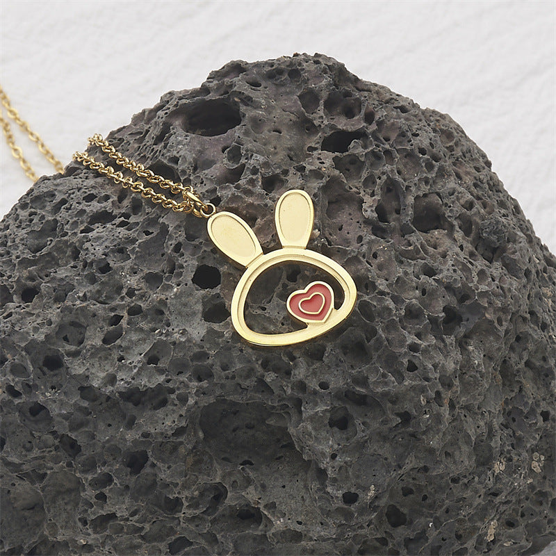 Minimalist Geometric Rabbit Heart Pendant Necklace in Stainless Steel with Gold Plating