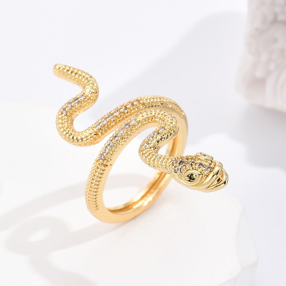 Geometric Snake-Shaped Copper Ring with 18K Gold Plating and Zircon Inlay for Women