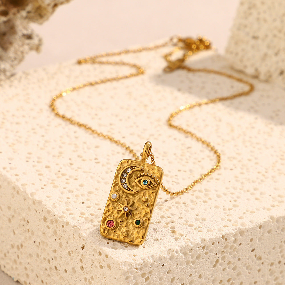 Fashionable Geometric Moon and Star Pendant Necklace for Women in Stainless Steel with 18K Gold Plating